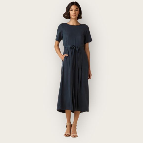 Vetta Capsule Button Up Midi Dress | Medium | Navy Blue Tencel Flowy Pockets - Picture 7 of 10